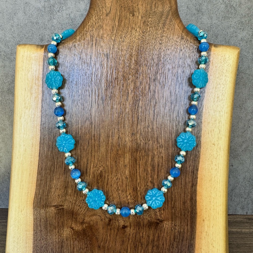 Handmade Blue Flower Czech Glass Beaded Necklace